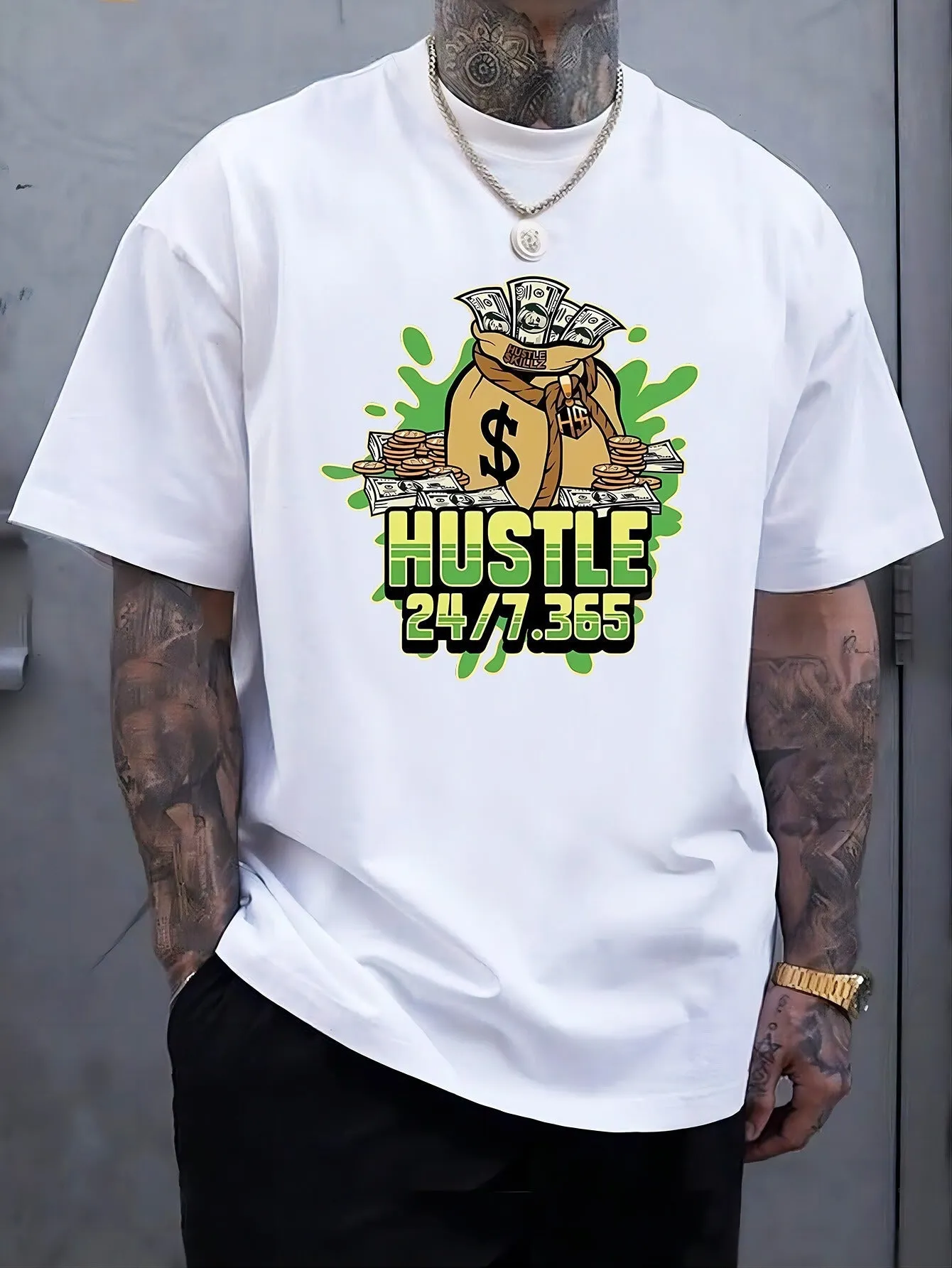 Printed men's summer casual short sleeve breathable T-shirt in black loose fit polyester pullover