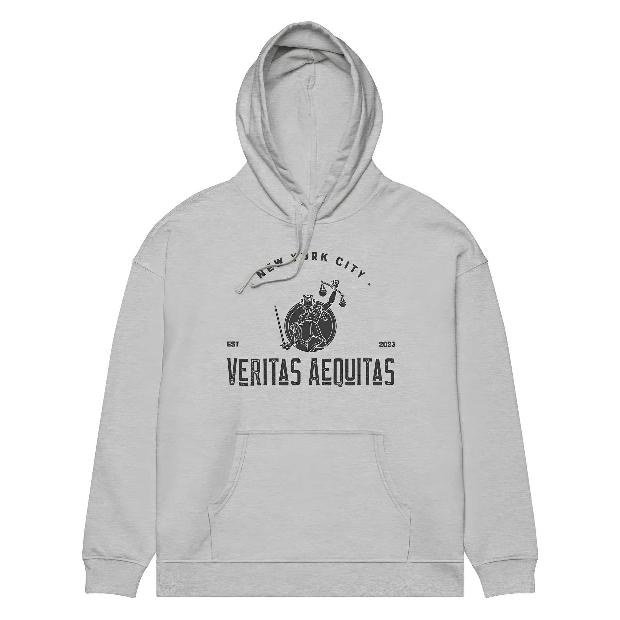 Drop-shoulder loose pullover hoodie in gray with front pocket, polyester fabric, casual style
