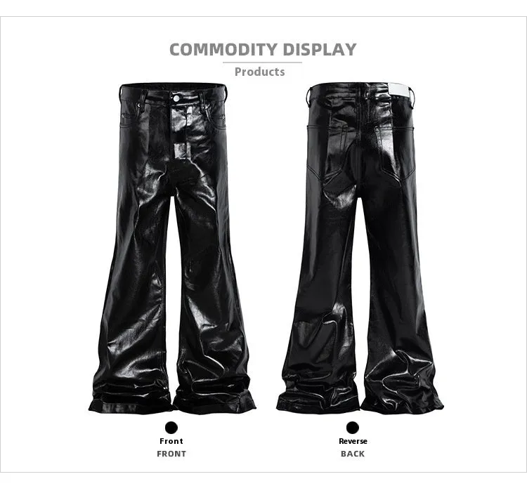 Black women's skinny jeans with a shiny patent leather coating on the denim fabric, shown in a straight-leg cut.