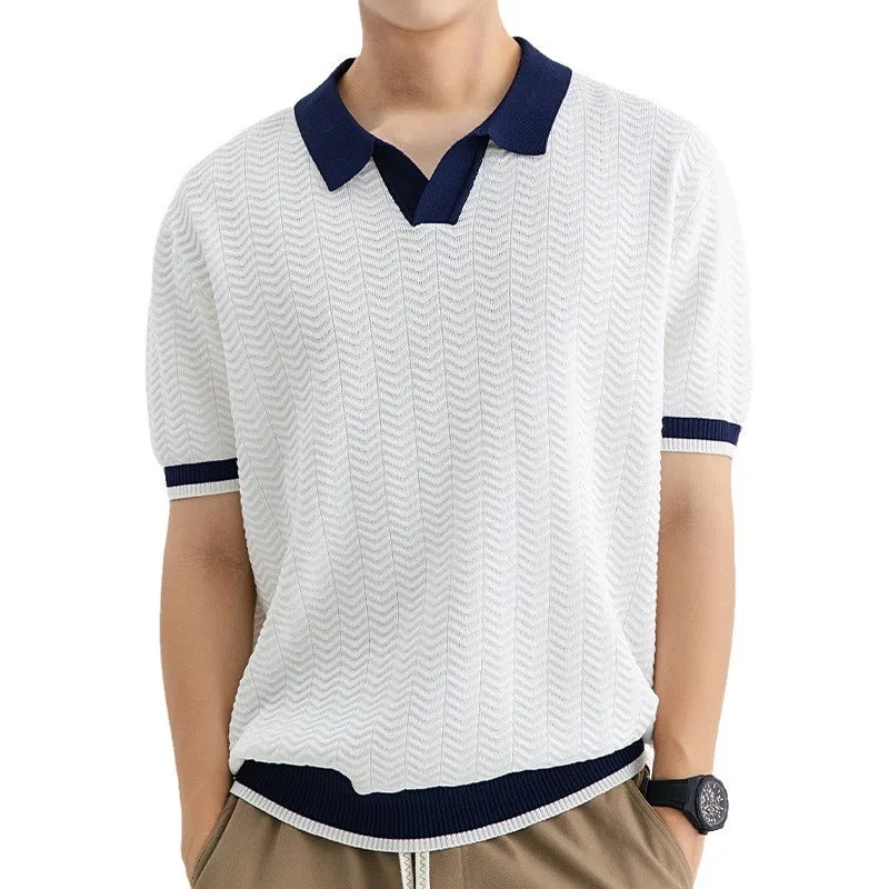 Men's ice silk polo shirt short sleeve regular fit striped pattern in dark green