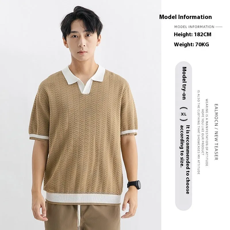 Men's ice silk polo shirt short sleeve regular fit striped pattern in dark green