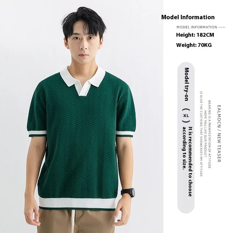 Men's ice silk polo shirt short sleeve regular fit striped pattern in dark green