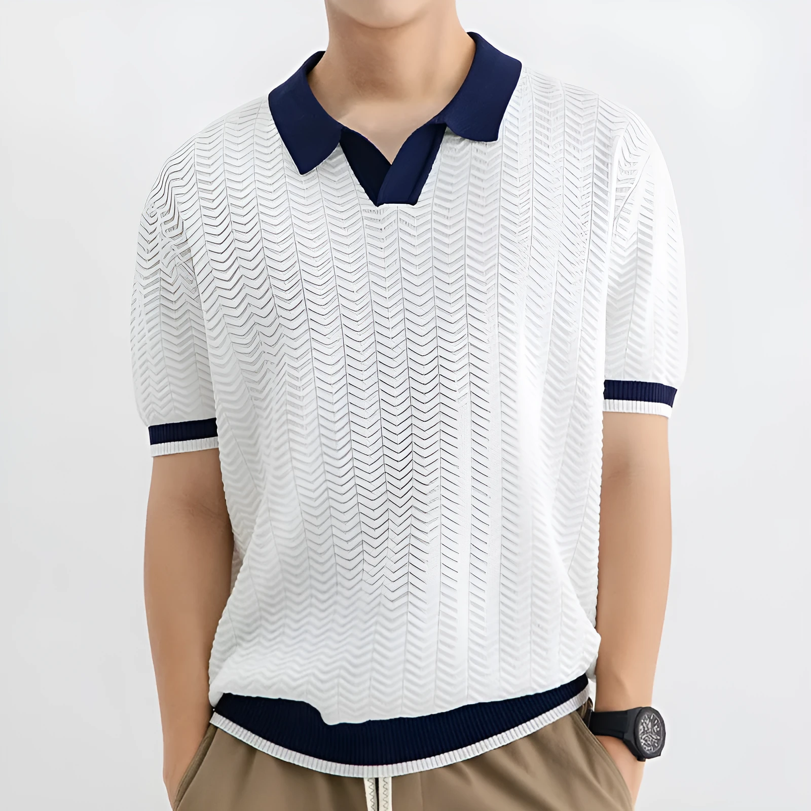 Men's ice silk polo shirt short sleeve regular fit striped pattern in dark green