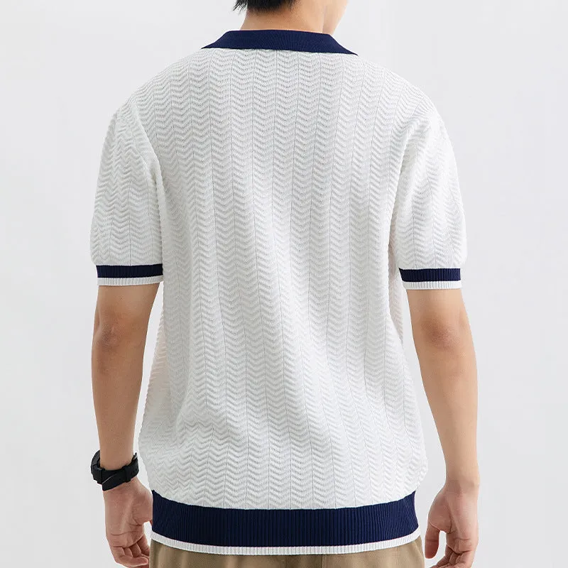 Men's ice silk polo shirt short sleeve regular fit striped pattern in dark green