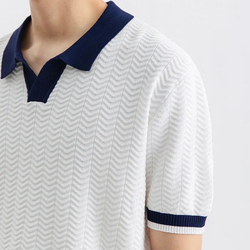 Men's ice silk polo shirt short sleeve regular fit striped pattern in dark green