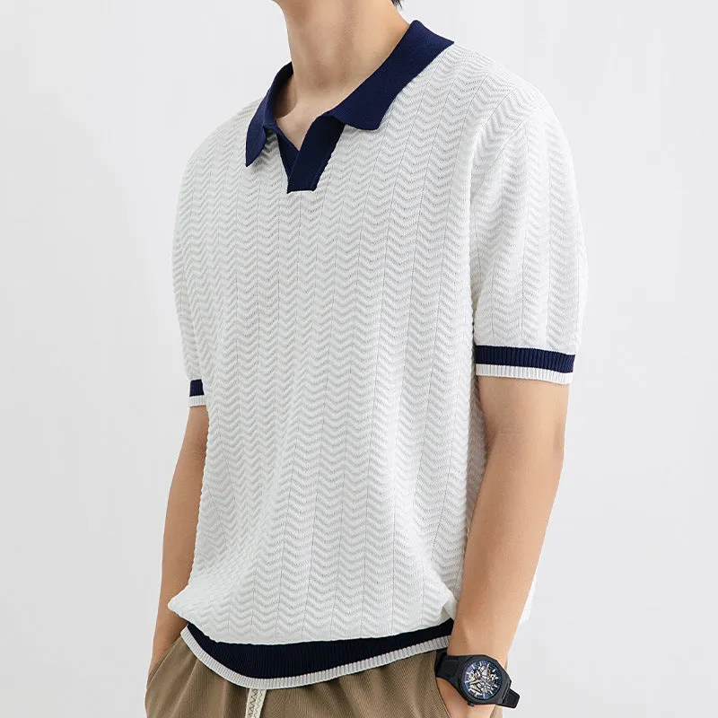 Men's ice silk polo shirt short sleeve regular fit striped pattern in dark green