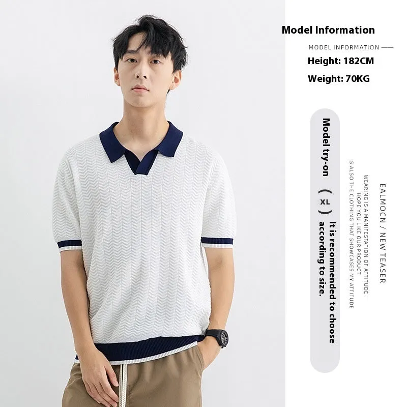 Men's ice silk polo shirt short sleeve regular fit striped pattern in dark green