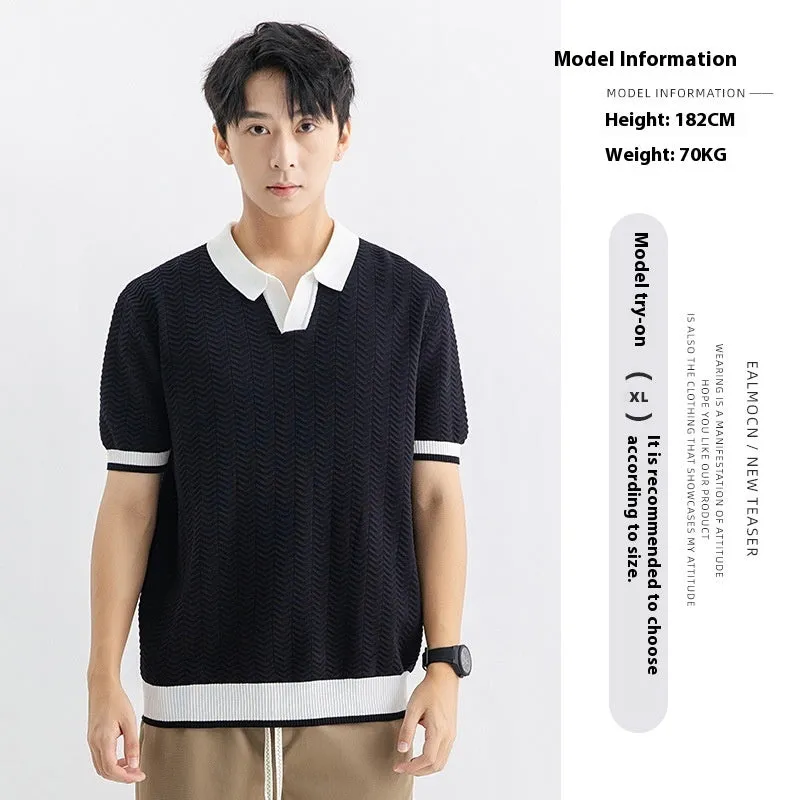 Men's ice silk polo shirt short sleeve regular fit striped pattern in dark green