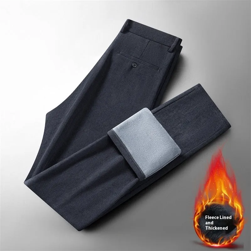 Men's fleece-lined casual trousers in black and navy blue, sizes 29-40, mid-waist with zipper fly
