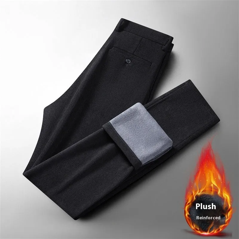 Men's fleece-lined casual trousers in black and navy blue, sizes 29-40, mid-waist with zipper fly