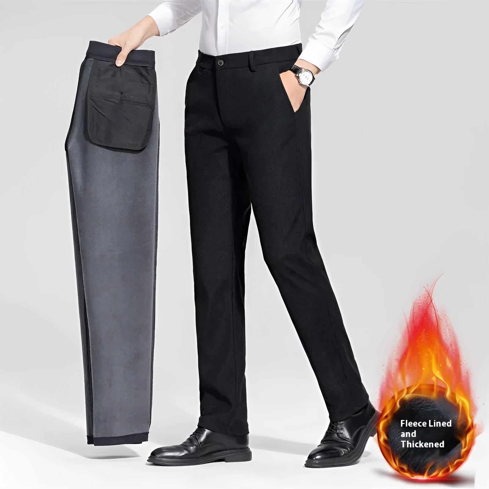 Men's fleece-lined casual trousers in black and navy blue, sizes 29-40, mid-waist with zipper fly
