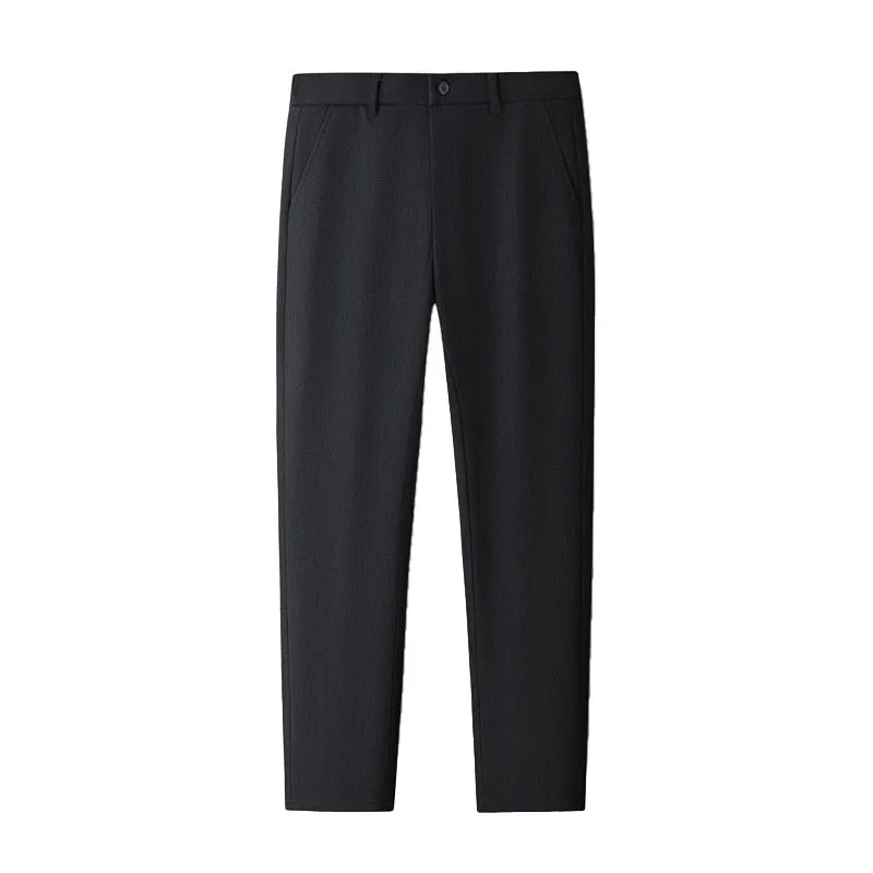 Men's fleece-lined casual trousers in black and navy blue, sizes 29-40, mid-waist with zipper fly