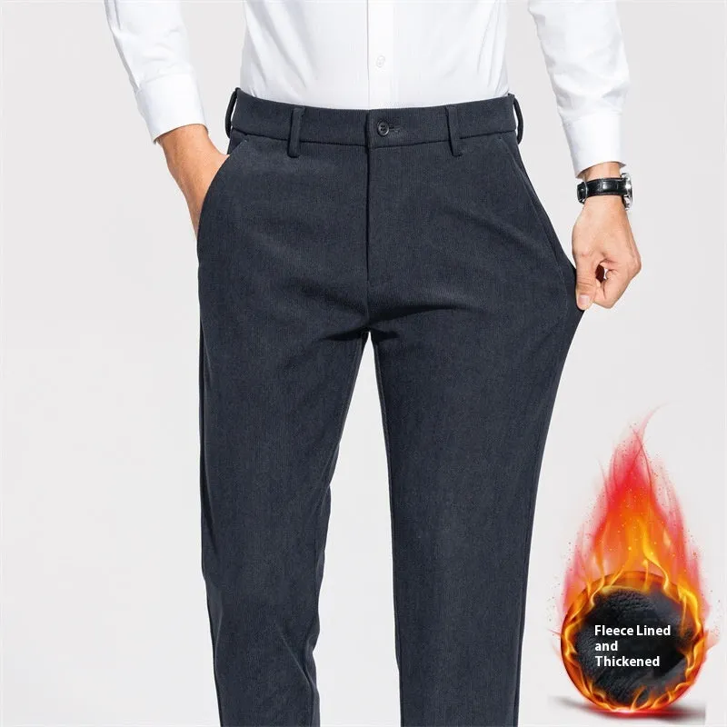Men's fleece-lined casual trousers in black and navy blue, sizes 29-40, mid-waist with zipper fly