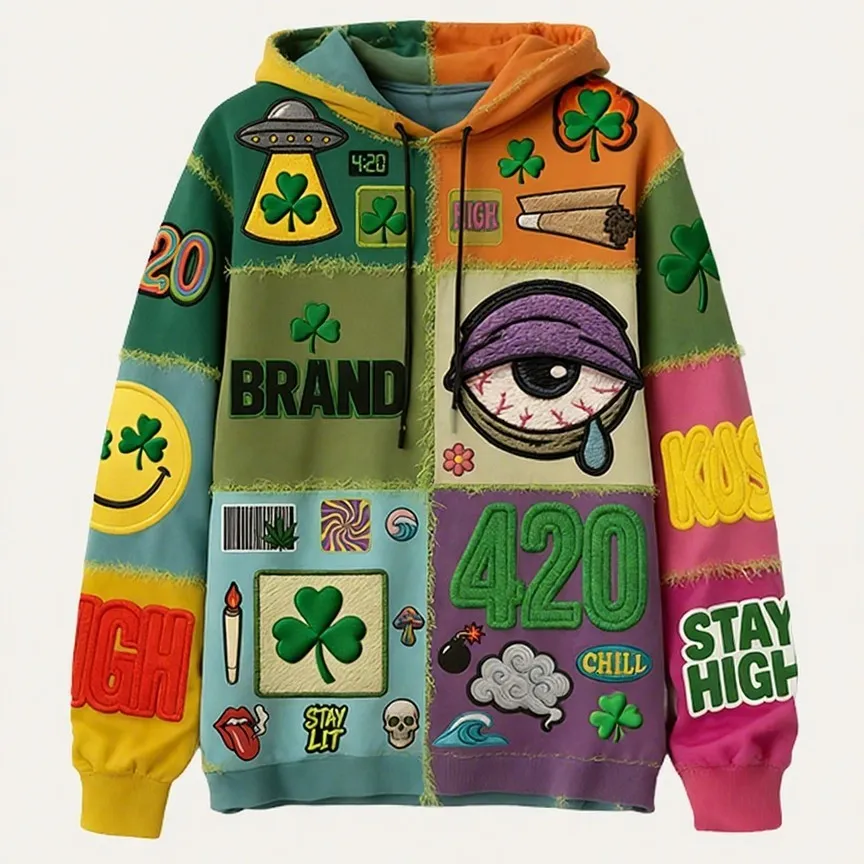 Casual printed polyester sweater available in six colours including black, green, orange, pink, purple, and white