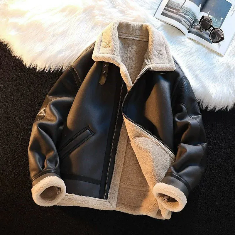 Men's Winter Fleece Cashmere Leather Coat Casual Solid Colour Polyester Jacket Black Dark Brown Sizes M L XL 2XL 3XL Teenagers Adults Male Casual Wear Outerwear