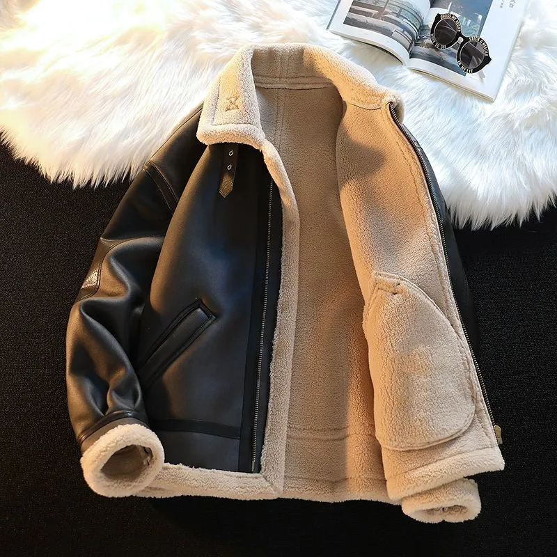 Men's Winter Fleece Cashmere Leather Coat Casual Solid Colour Polyester Jacket Black Dark Brown Sizes M L XL 2XL 3XL Teenagers Adults Male Casual Wear Outerwear