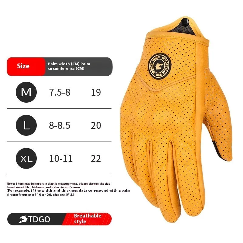 Yellow genuine leather motorcycle gloves on display showing retro biker style with stitched detail