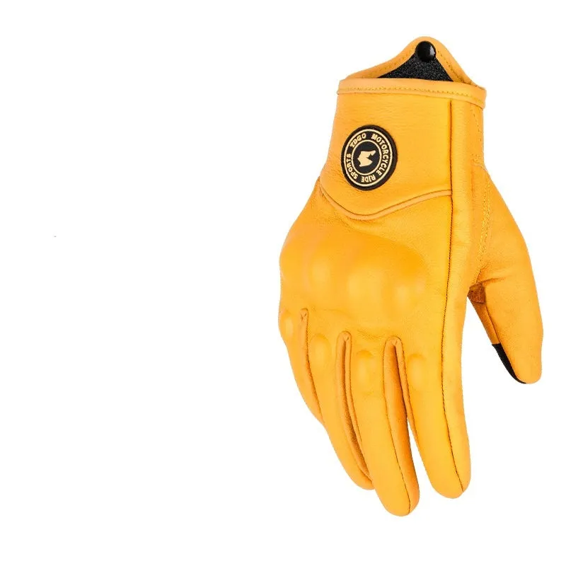 Yellow genuine leather motorcycle gloves on display showing retro biker style with stitched detail