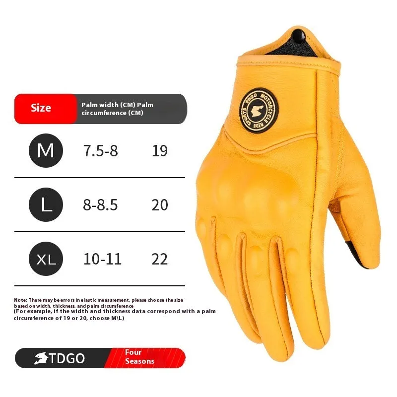 Yellow genuine leather motorcycle gloves on display showing retro biker style with stitched detail