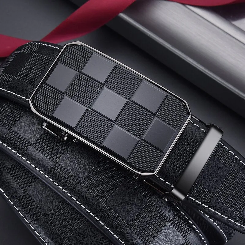 Men's genuine leather automatic buckle belt in carved plaid design on white background