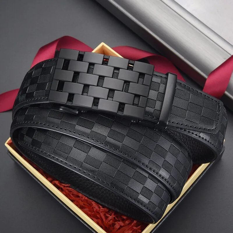 Men's genuine leather automatic buckle belt in carved plaid design on white background