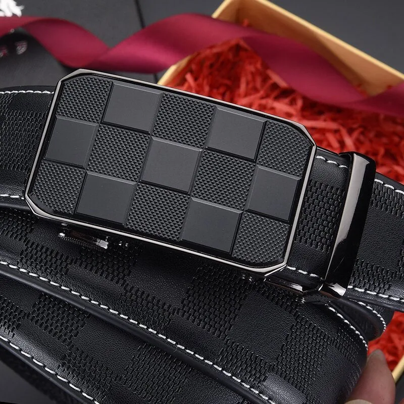 Men's genuine leather automatic buckle belt in carved plaid design on white background