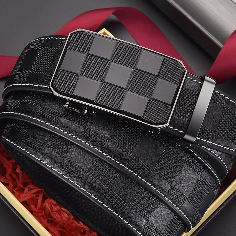 Men's genuine leather automatic buckle belt in carved plaid design on white background