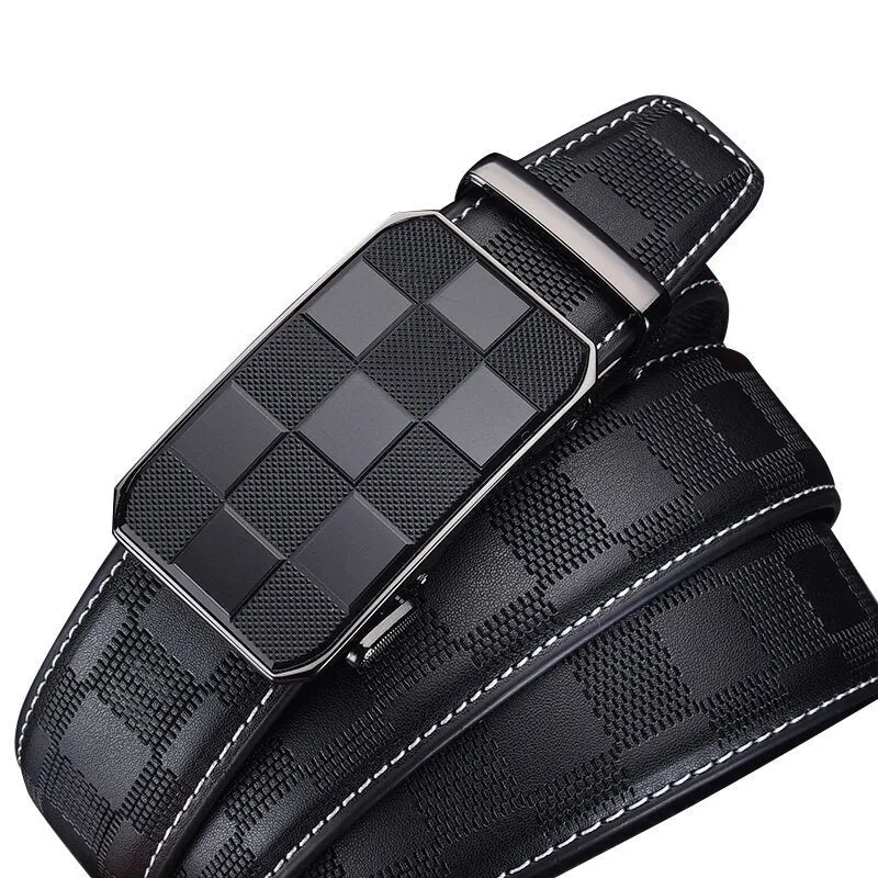 Men's genuine leather automatic buckle belt in carved plaid design on white background