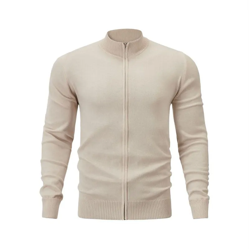 Stand collar zipper cardigan sweater in cotton fabric with loose fit for casual youth wear