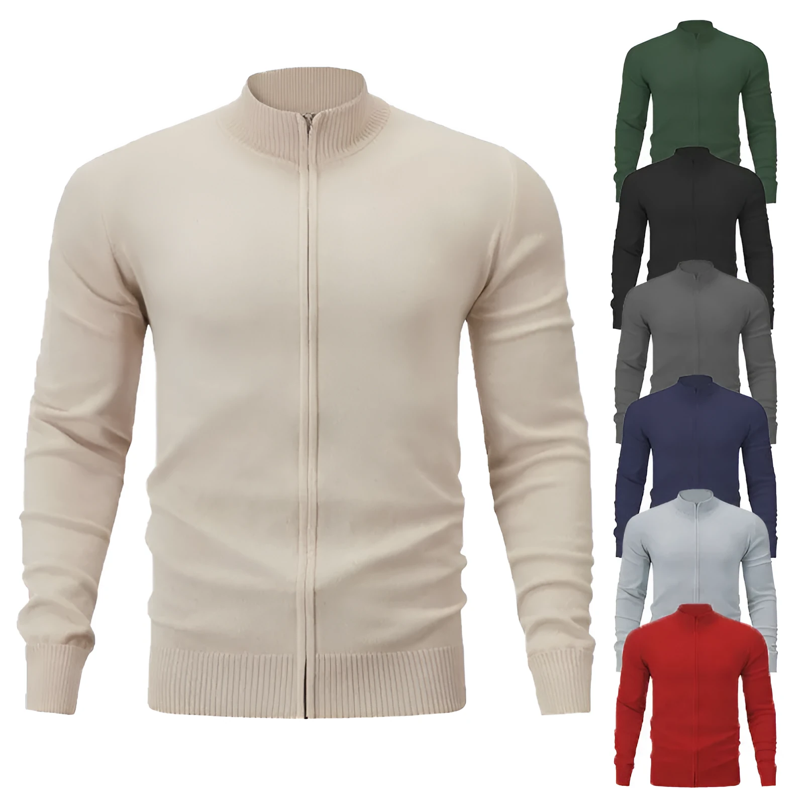 Stand collar zipper cardigan sweater in cotton fabric with loose fit for casual youth wear