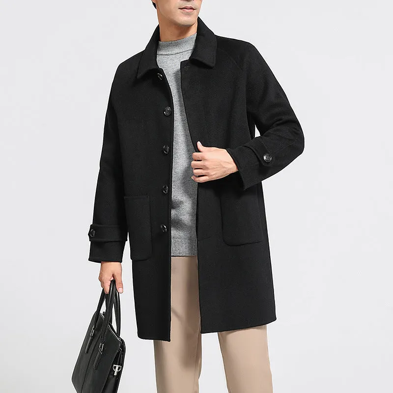 Men's reversible wool coat in black, single-breasted mid-length baggy fit with wool lining