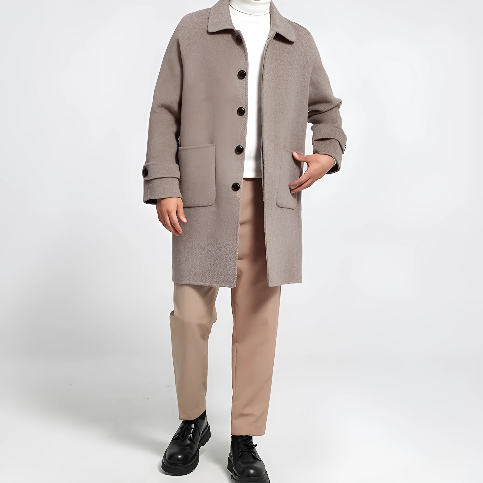 Men's reversible wool coat in black, single-breasted mid-length baggy fit with wool lining
