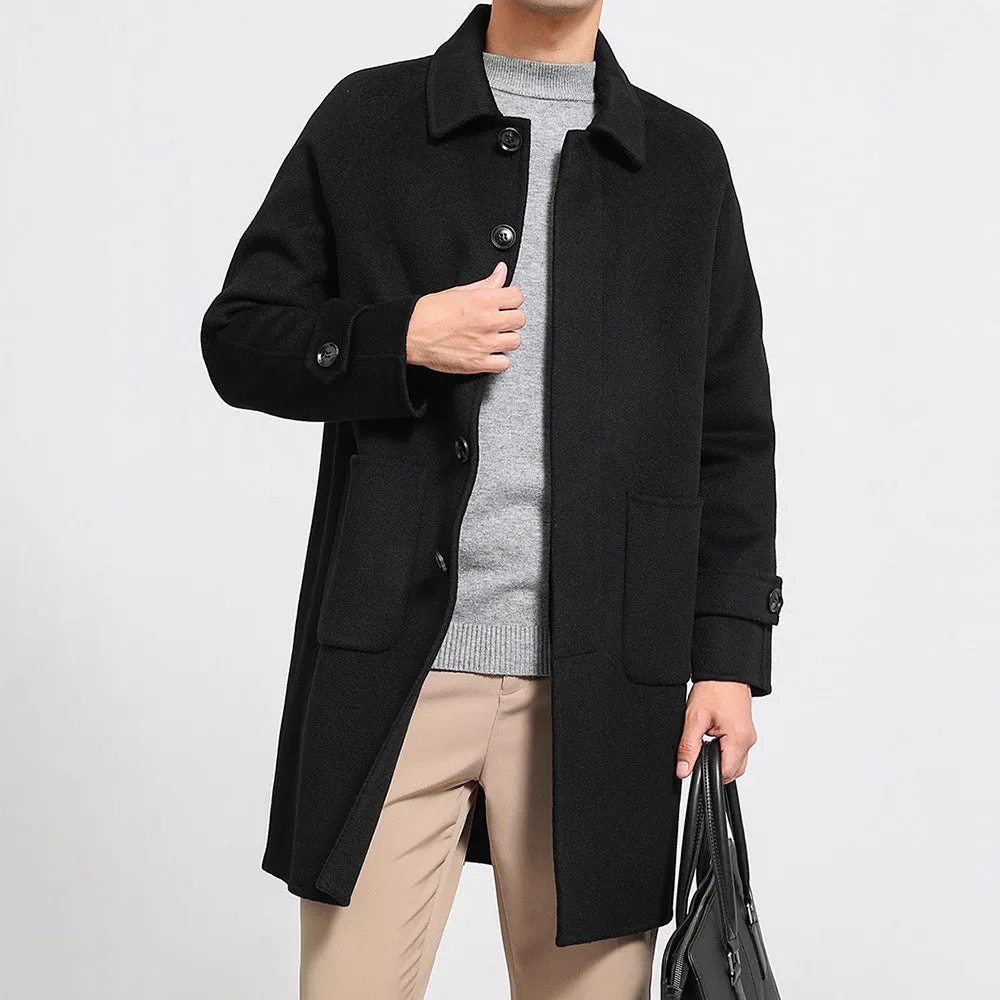 Men's reversible wool coat in black, single-breasted mid-length baggy fit with wool lining