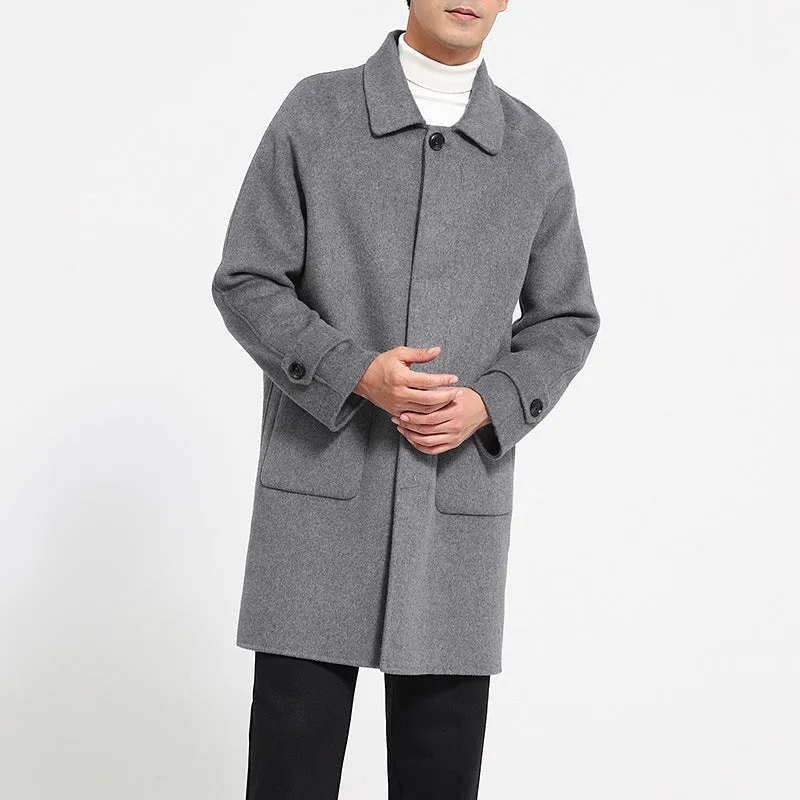 Men's reversible wool coat in black, single-breasted mid-length baggy fit with wool lining