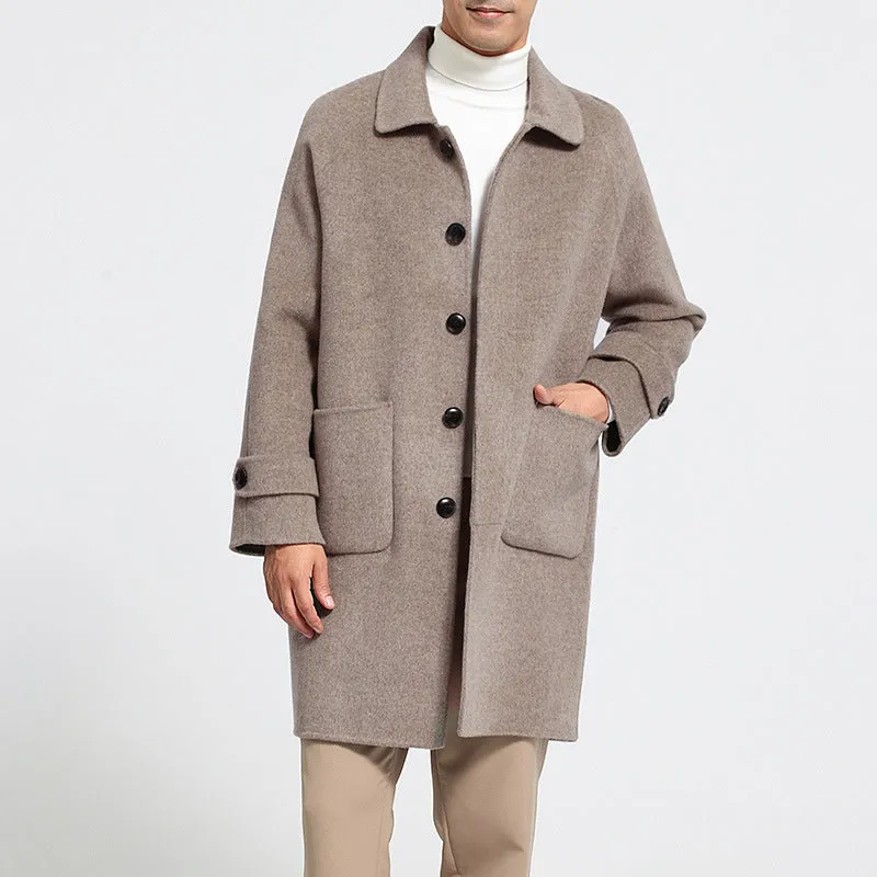 Men's reversible wool coat in black, single-breasted mid-length baggy fit with wool lining