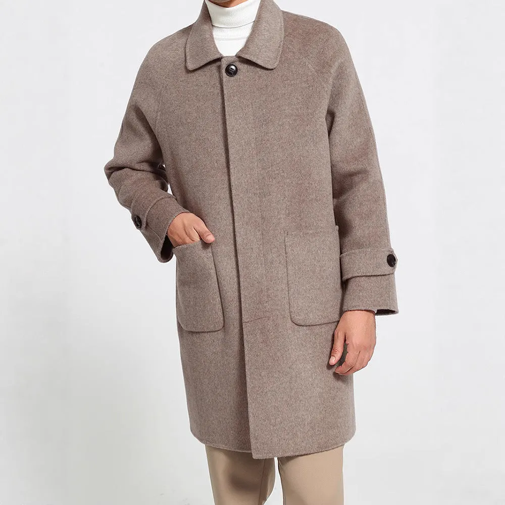 Men's reversible wool coat in black, single-breasted mid-length baggy fit with wool lining