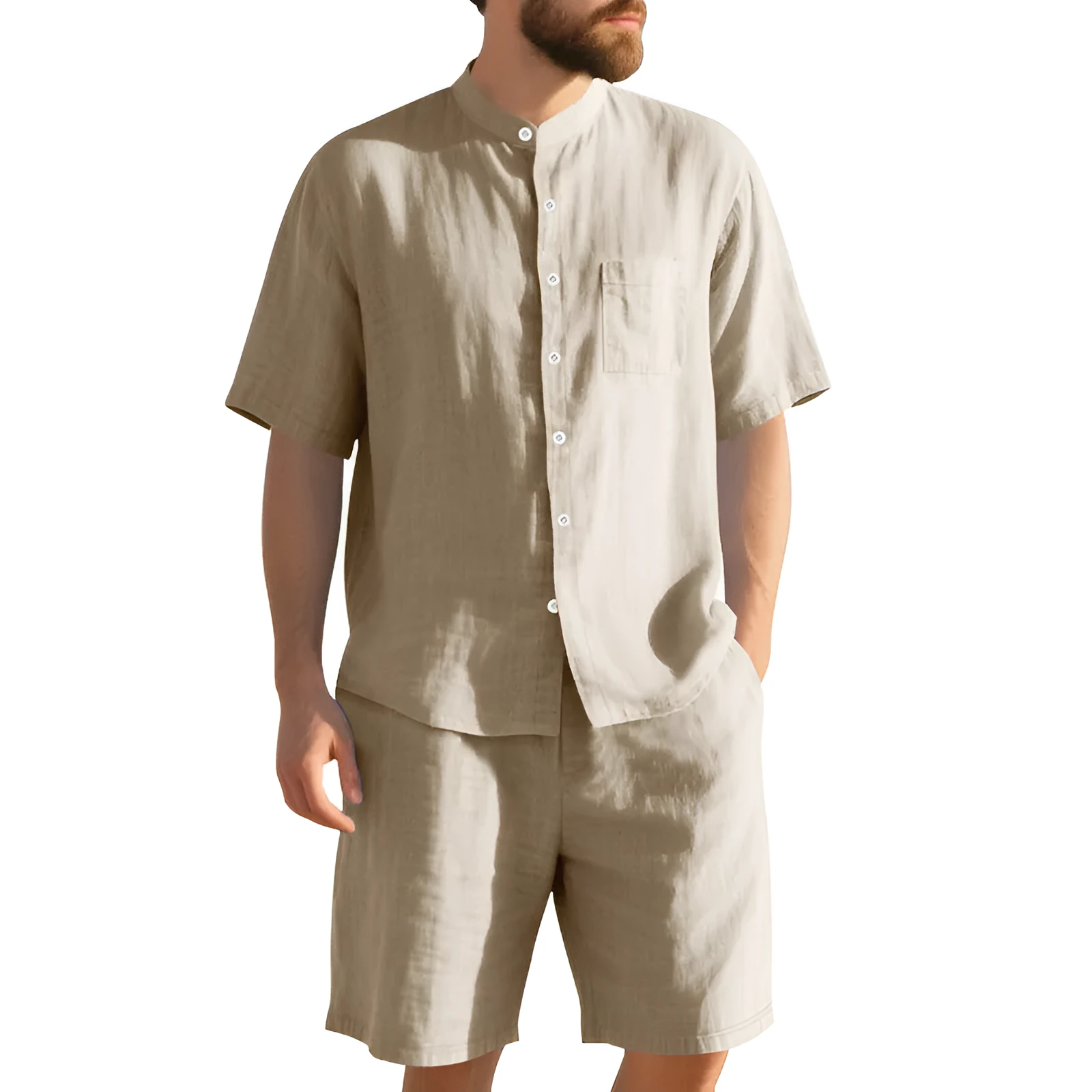 Men's linen two-piece suit with Henry collar short sleeve shirt and matching shorts in various colours