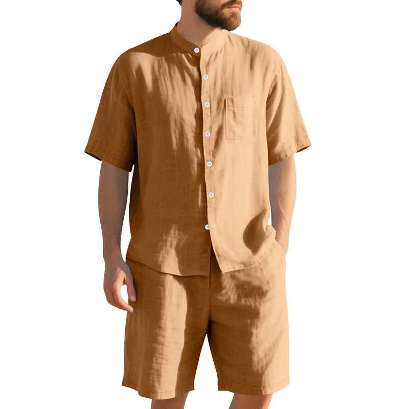 Men's linen two-piece suit with Henry collar short sleeve shirt and matching shorts in various colours