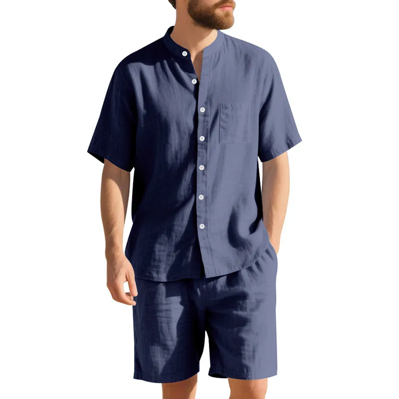 Men's linen two-piece suit with Henry collar short sleeve shirt and matching shorts in various colours