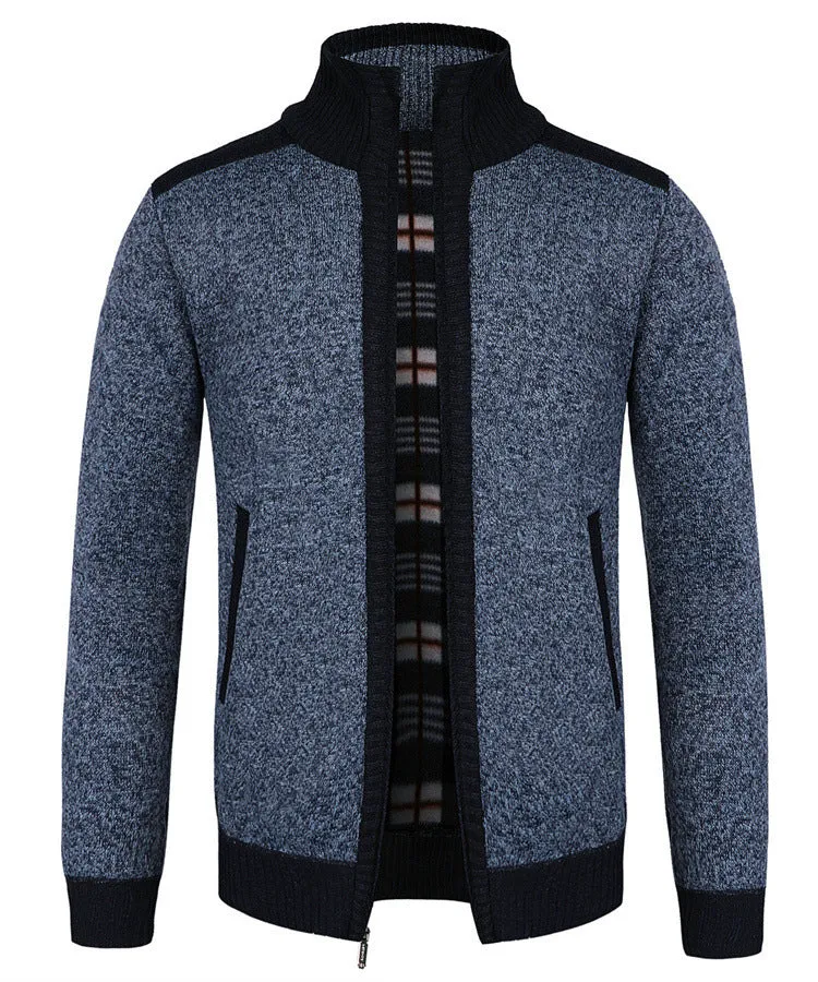 European size loose fit cotton blend dad cardigan for large size men in black front view