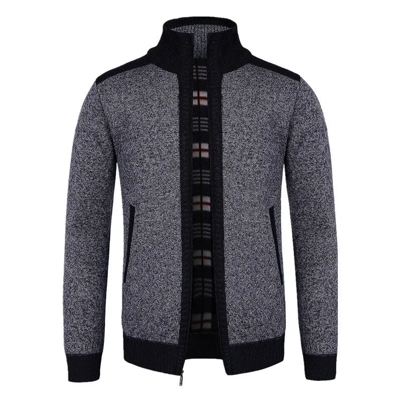 European size loose fit cotton blend dad cardigan for large size men in black front view