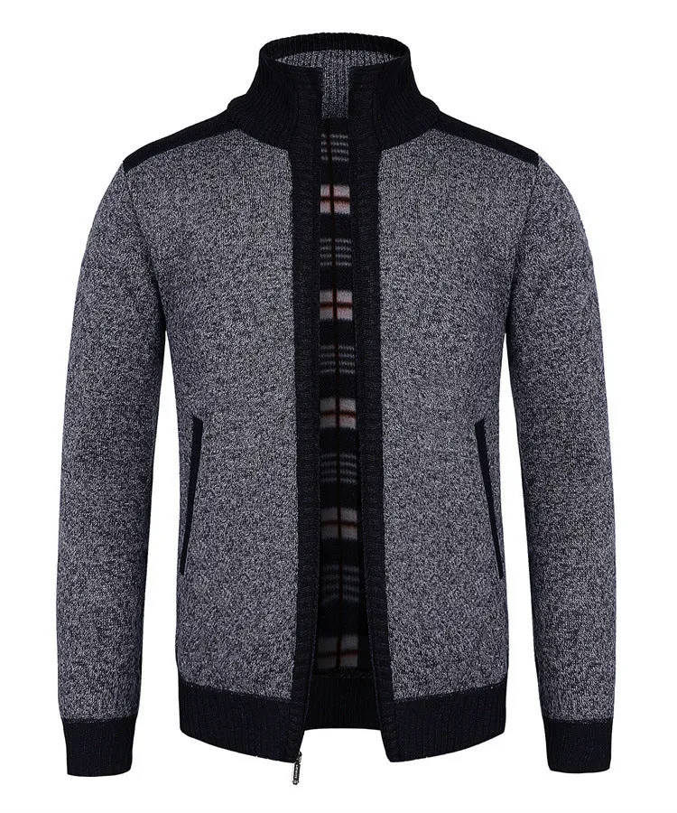 European size loose fit cotton blend dad cardigan for large size men in black front view