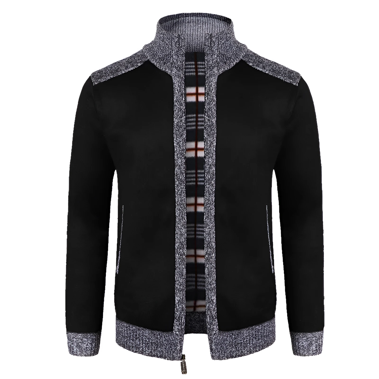 European size loose fit cotton blend dad cardigan for large size men in black front view