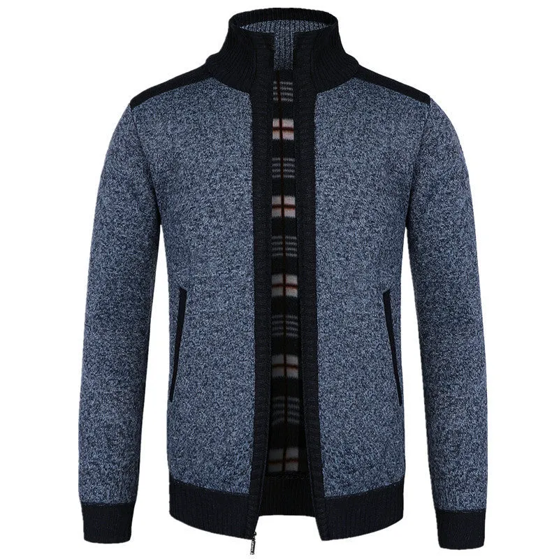 European size loose fit cotton blend dad cardigan for large size men in black front view