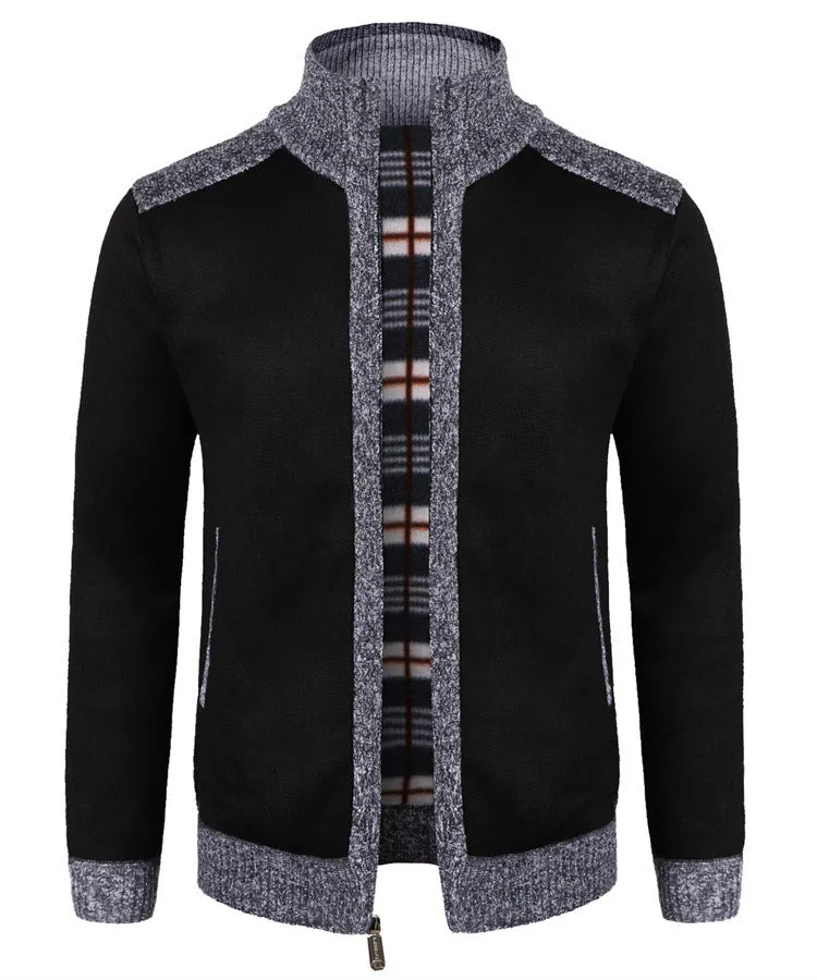European size loose fit cotton blend dad cardigan for large size men in black front view