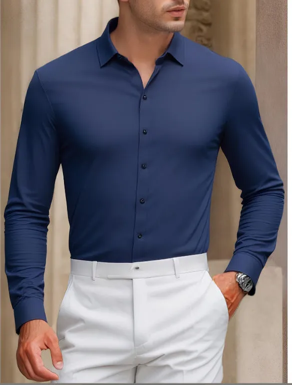 Men's summer anti-wrinkle casual shirt long-sleeved solid colour polyester cardigan loose fit