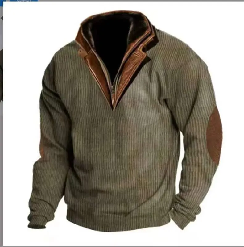 Men's stand collar pullover sweater in beige, breathable polyester fiber, long sleeves, outdoor casual wear