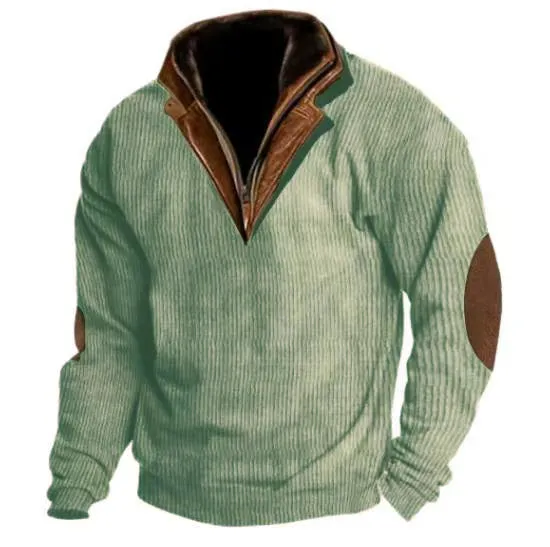 Men's stand collar pullover sweater in beige, breathable polyester fiber, long sleeves, outdoor casual wear