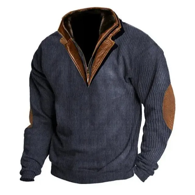 Men's stand collar pullover sweater in beige, breathable polyester fiber, long sleeves, outdoor casual wear