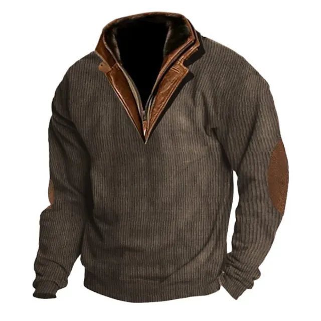 Men's stand collar pullover sweater in beige, breathable polyester fiber, long sleeves, outdoor casual wear